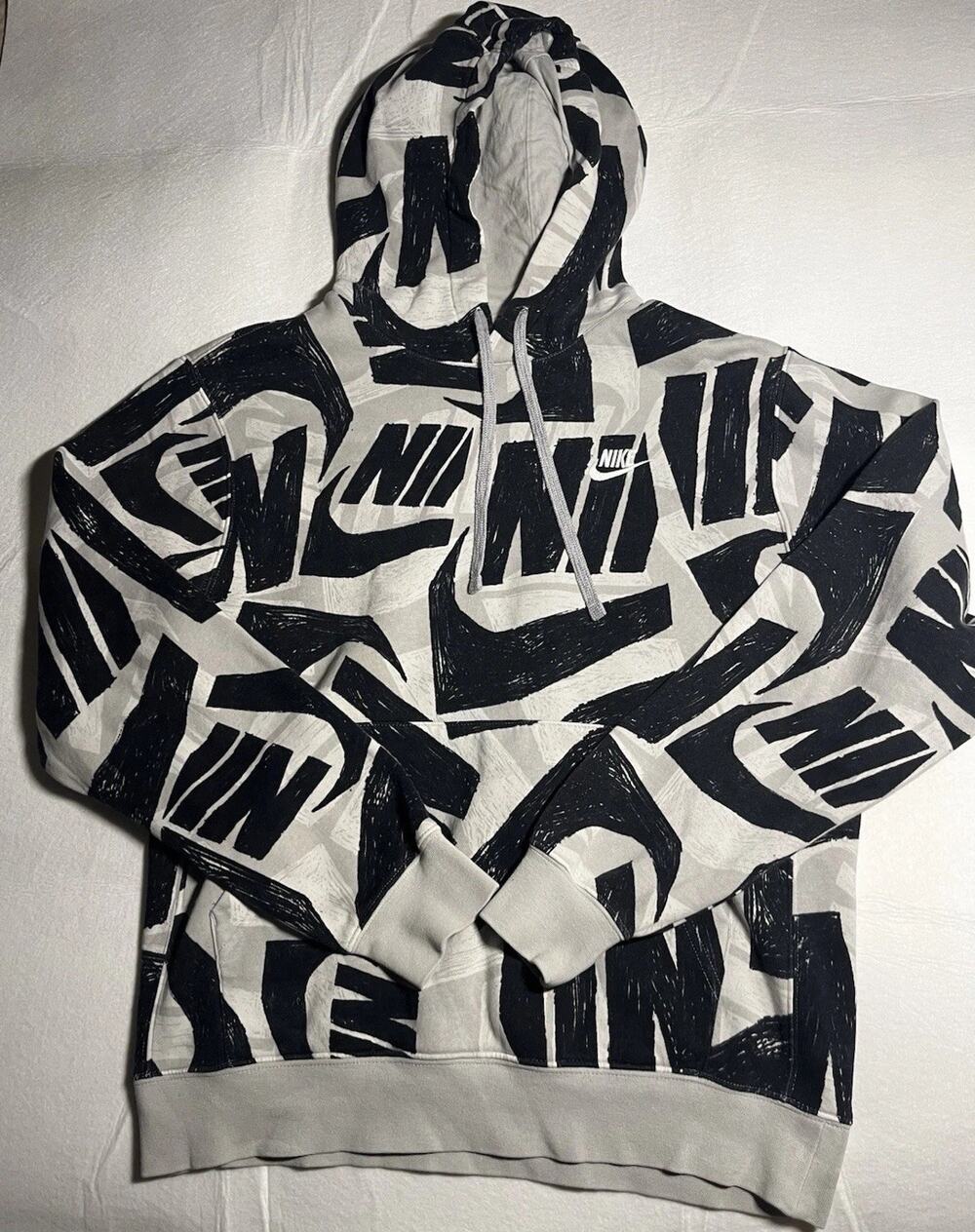 Nike Sportswear Youth XL Gray Black All Over Logo Pullover Hoodie Graphic